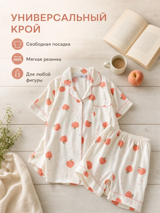 Пижама женская летняя, комплект из 2 предметов, рубашка и шорты, M-XL