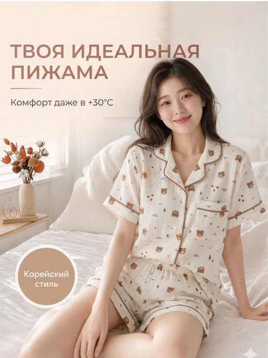 Пижама женская летняя, комплект из 2 предметов, рубашка и шорты, M-XL - 