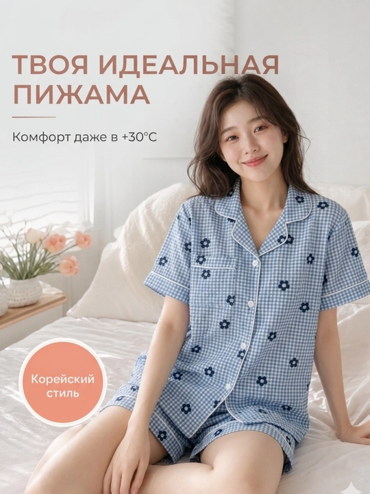 Пижама женская летняя, комплект из 2 предметов, рубашка и шорты, M-XL - 