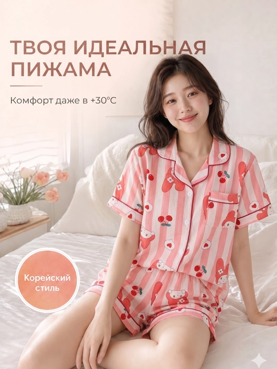 Пижама женская летняя, комплект из 2 предметов, рубашка и шорты, M-XL - 