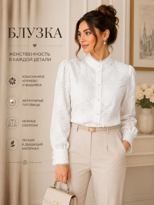 Женская блузка, кофта, рубашка, гипюр, с длинным рукавом, классический воротник - 