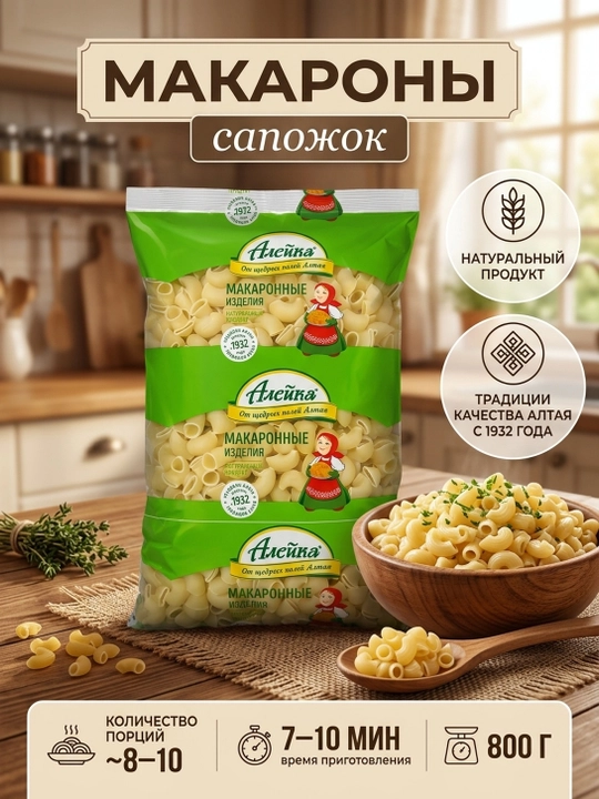 Макароны Сапожок "Алейка", высший сорт, без добавок и красителей,  800г - 