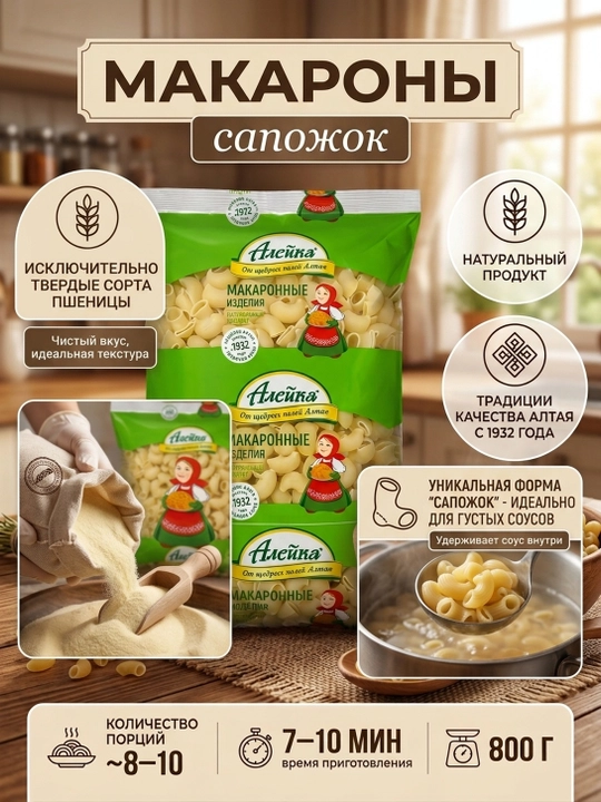 Etikcha Sapojok Makaron “Aleyka”, yuqori darajali, qo'shimchalar va bo'yoqlarsiz, 800g
