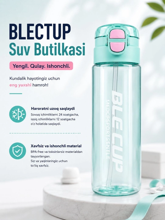BLECTUP sport suv butilkasi, trubkali, BPA-free, 600 ml - 