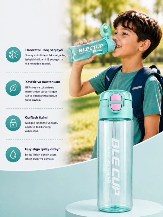BLECTUP sport suv butilkasi, trubkali, BPA-free, 600 ml