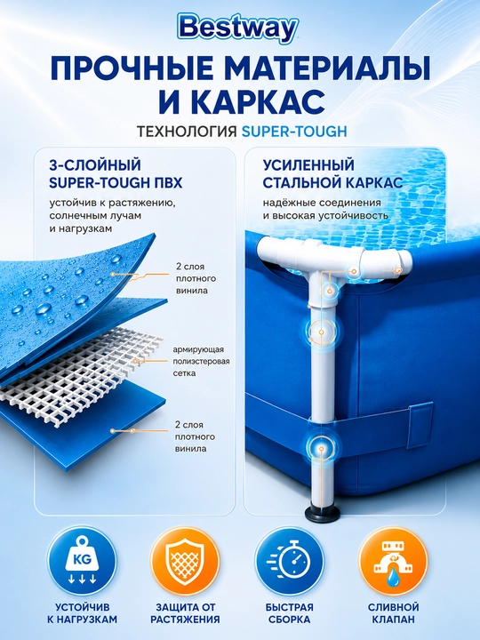 Karkasli basseyn Bestway Steel Pro, 1200 - 7140 litr, kattalar va bolalar uchun, mustahkam