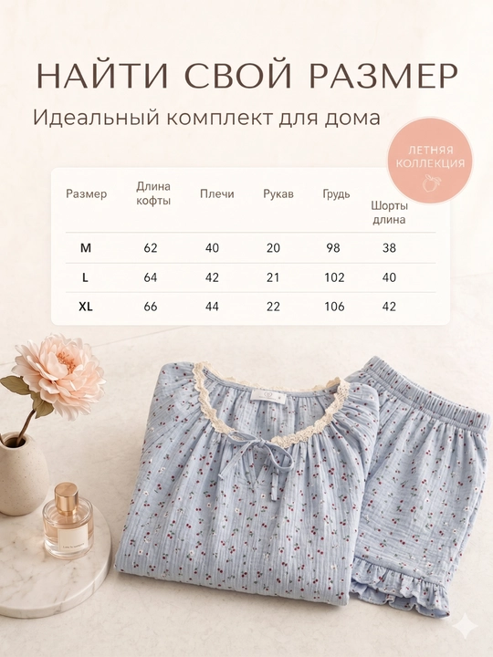 Ayollar yozgi pijamasi, 2 qismdan iborat to‘plam, ustki va kalta ishton, M-XL