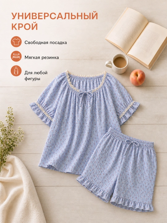 Ayollar yozgi pijamasi, 2 qismdan iborat to‘plam, ustki va kalta ishton, M-XL