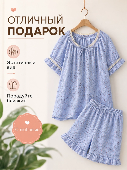 Ayollar yozgi pijamasi, 2 qismdan iborat to‘plam, ustki va kalta ishton, M-XL