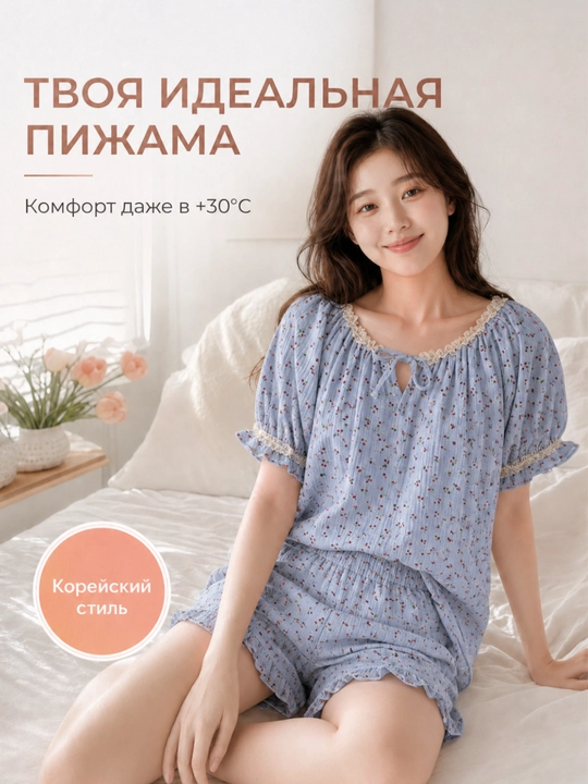 Пижама женская летняя, комплект из 2 предметов, топ и шорты, M-XL - 