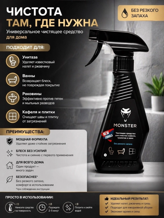 Kafel, vanna va unitaz uchun kuchaytirilgan formulali MONSTER tozalash vositasi hidsiz - 
