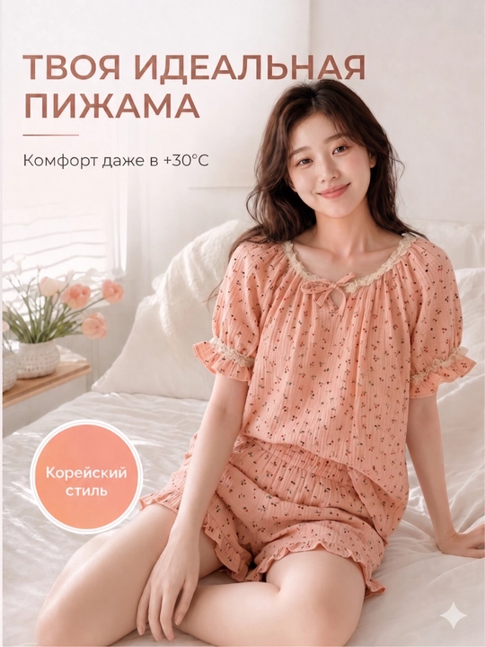 Пижама женская летняя, комплект из 2 предметов, топ и шорты, M-XL - 