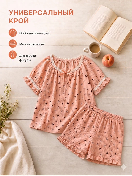 Пижама женская летняя, комплект из 2 предметов, топ и шорты, M-XL