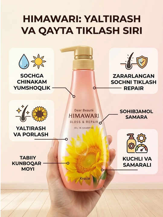Подсолнечный масляный шампунь, Kracie Dear Beauté Himawari Gloss & Repair, 500 мл - 