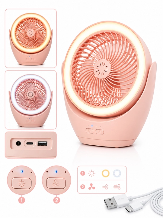 Mini USB stol ventilyatori LED yoritgichli, 2 rejimli portativ sovutgich
