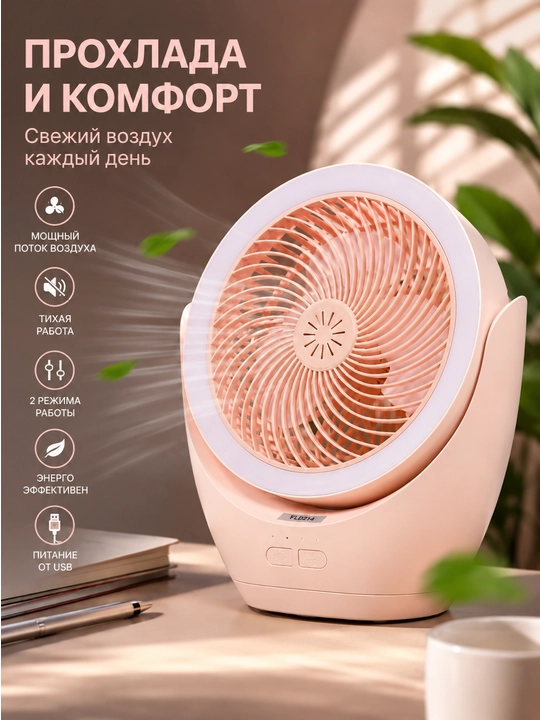 Mini USB stol ventilyatori LED yoritgichli, 2 rejimli portativ sovutgich - 