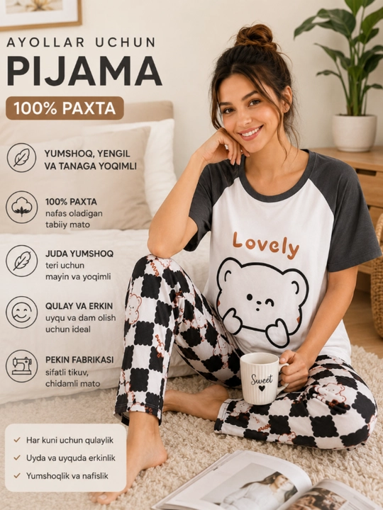 Ayollar pijamasi, yumshoq mato, qulay uy kiyimi, uxlash kostyumi, Xitoy mahsuloti