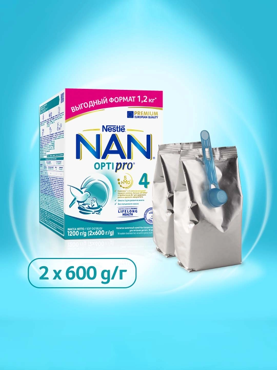 NAN 4 OPTIPRO o'sish, immunitet va miya rivojlanish uchun sut, 1200 g, 18 oydan