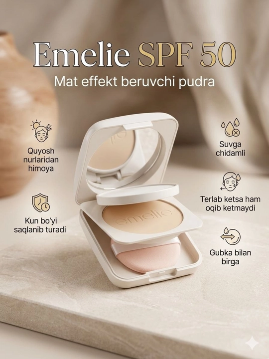 Пудра для лица матовая кожа и надежная защита от солнца с пудра Emelie Paris SPF 50