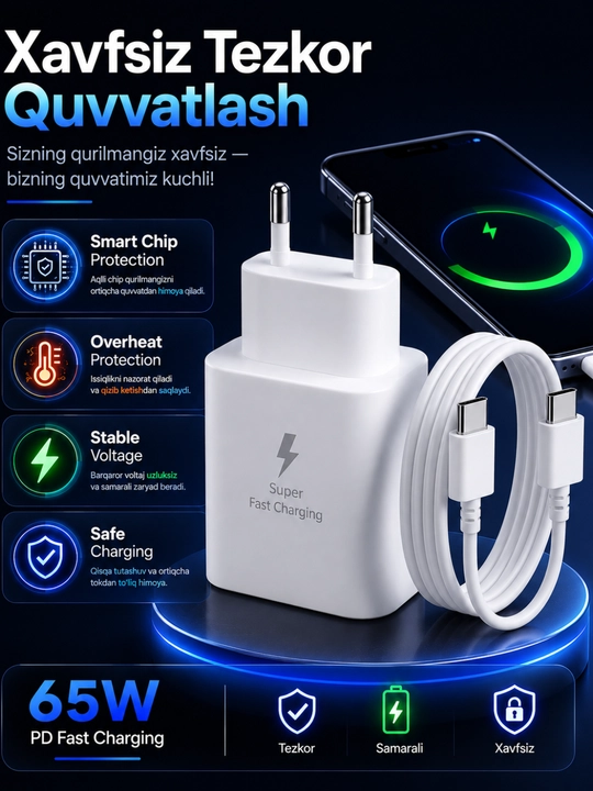 Зарядное устройство 45/120 Вт PD, USB-C, с кабелем 5A/6A – для Samsung и Xiaom