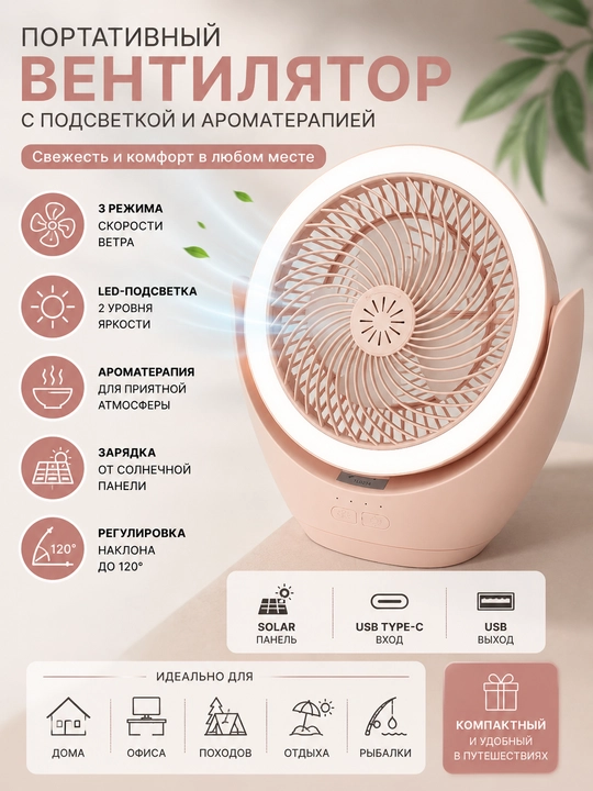 Портативный мини-вентилятор с солнечной зарядкой, LED подсветкой и ароматерапией - 