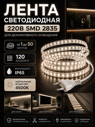 LED лента 220В SMD2835 120D IP65 влагозащищенная резка 10см 3000K 4000K 6500K с вилкой - 