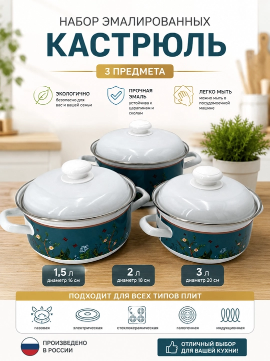 Набор кухонной посуды,, эмалированные кастрюли 1.5, 2, 3 литр