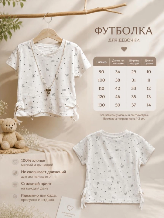 100% paxtadan tayyorlangan, bosma naqshli, bantikli qizlar uchun bolalar futbolkasi
