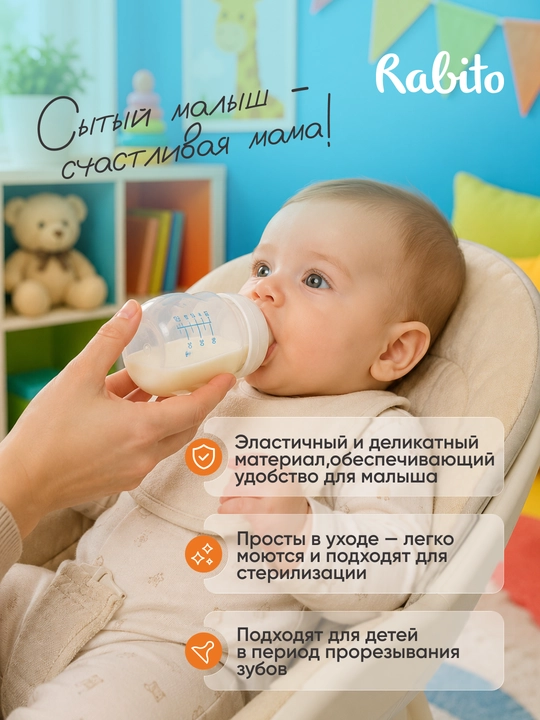 Сменная силиконовая соска для детской бутылочки Rаbito, на широкое горлышко