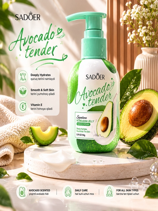 SADOER Avocado qo‘l kremi – namlantiruvchi Hand Cream 150 g