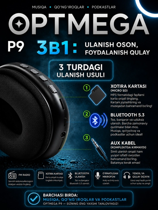 Simsiz quloqchinlar P9, to'liq o'lchamli, mikrofonli AI MAX, Naushnik