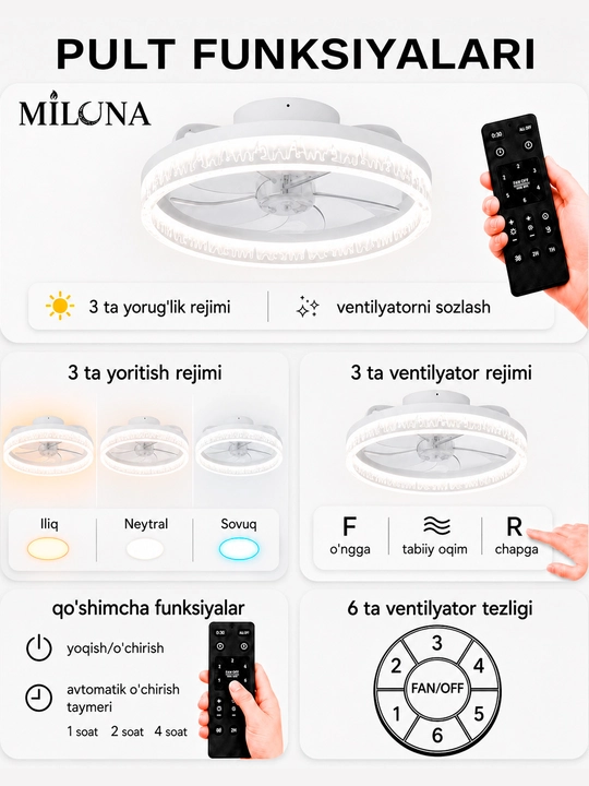 Ventilyator lyustra LED qandil, 6 xil yoritish rejimi, oshxona, zal va yotoqxona uchun mos