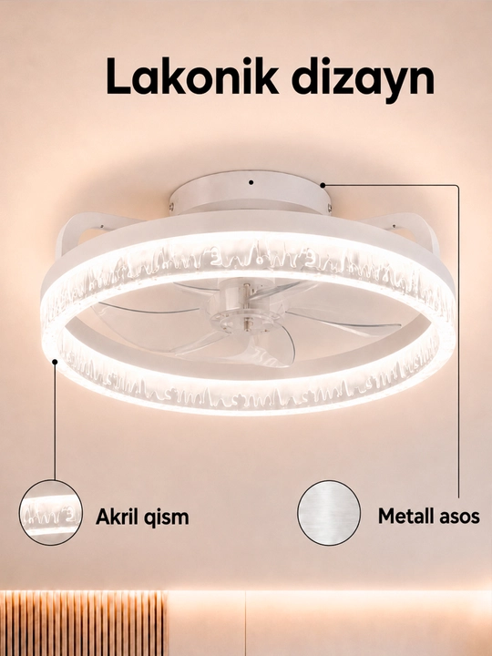Ventilyator lyustra LED qandil, 6 xil yoritish rejimi, oshxona, zal va yotoqxona uchun mos