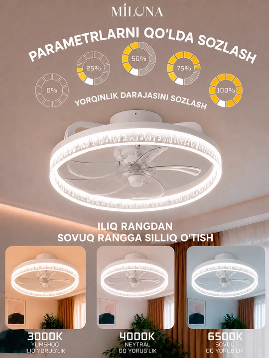 Ventilyator lyustra LED qandil, 6 xil yoritish rejimi, oshxona, zal va yotoqxona uchun mos