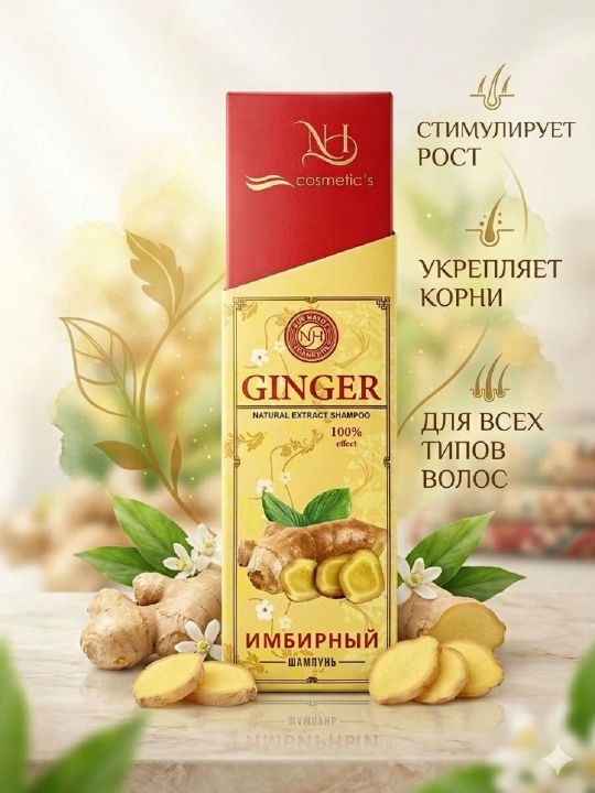 NH cosmetic kompaniyasining Ginger Natural Extract soch shampuni, 100% effekt