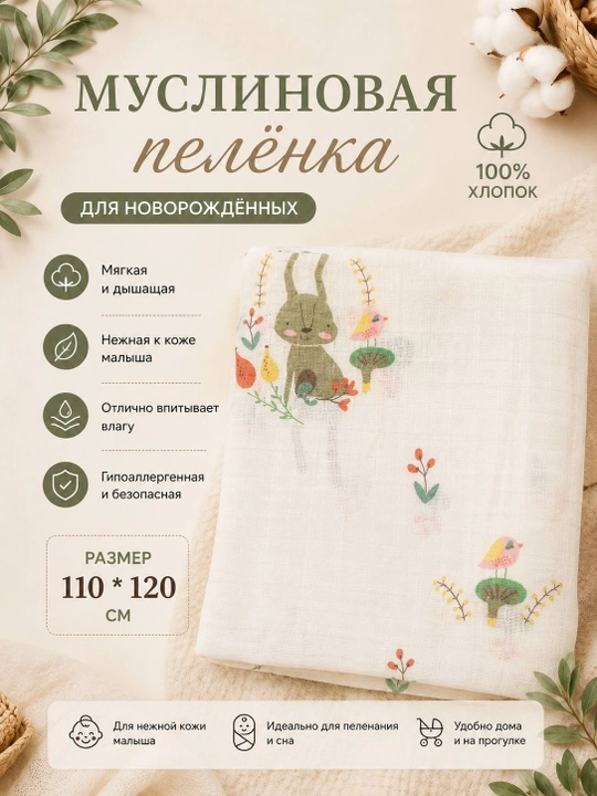 Муслиновая пелёнка для новорождённых 100% хлопок - 