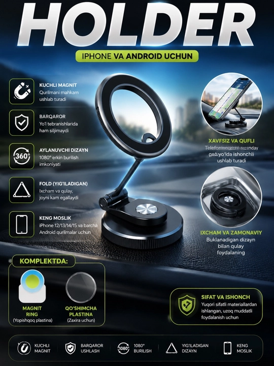 Magnitli telefon ushlagich avtomobil uchun, mashina uchun universal Holder, magsafe bilan - 