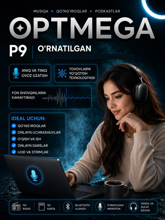 Simsiz Bluetooth P9 quloqchinlari mikrofon bilan ORGINA 100 A MAX