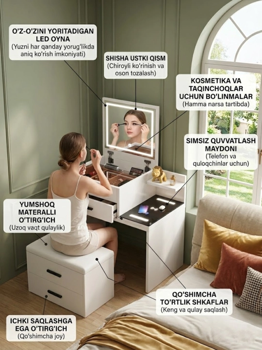 Aqlli shkaf, telefonni quvvatlash uchun USB port, tortmali xona uchun oynali shkaf