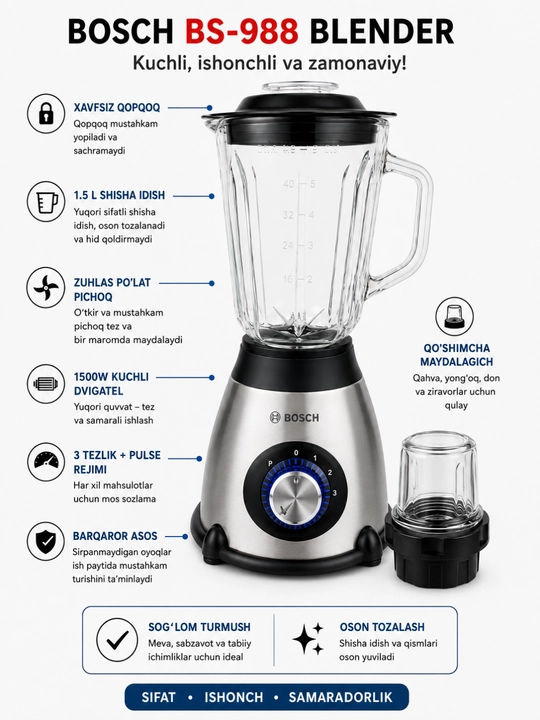 Bosch 1000 Vt statsionar blender 3 ta 1 da, 1,5 l, kofemolka va maydalagich
