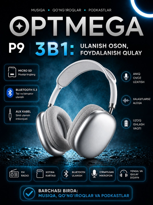 Simsiz Bluetooth P9 quloqchinlari mikrofon bilan ORGINA 100 A MAX
