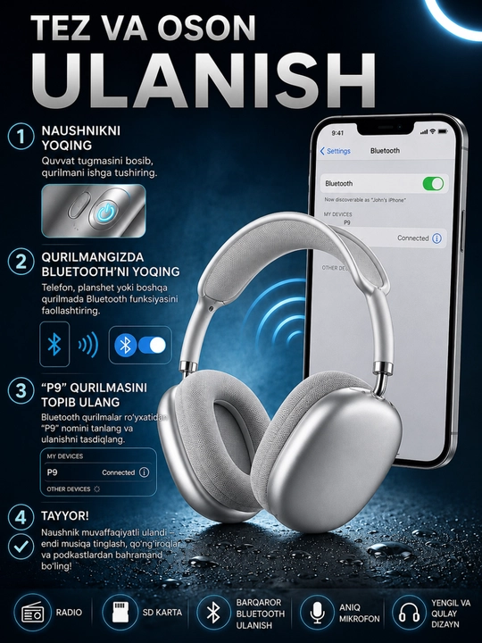 Simsiz Bluetooth P9 quloqchinlari mikrofon bilan ORGINA 100 A MAX