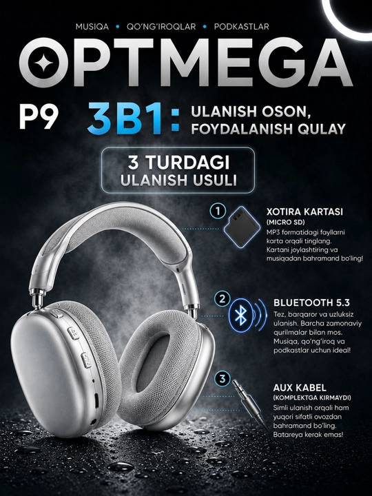 Simsiz Bluetooth P9 quloqchinlari mikrofon bilan ORGINA 100 A MAX