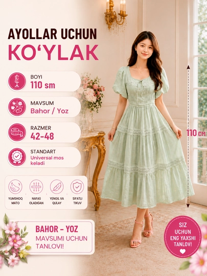 “Mint Breeze” ayollar va qizlar midi ko‘ylagi, freesize 42-48