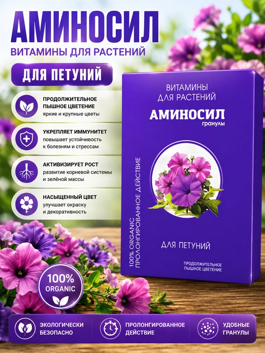 Aminosil-petuniyalar uchun granulalar-yorqin va yam-yashil gullash uchun vitaminlar - 