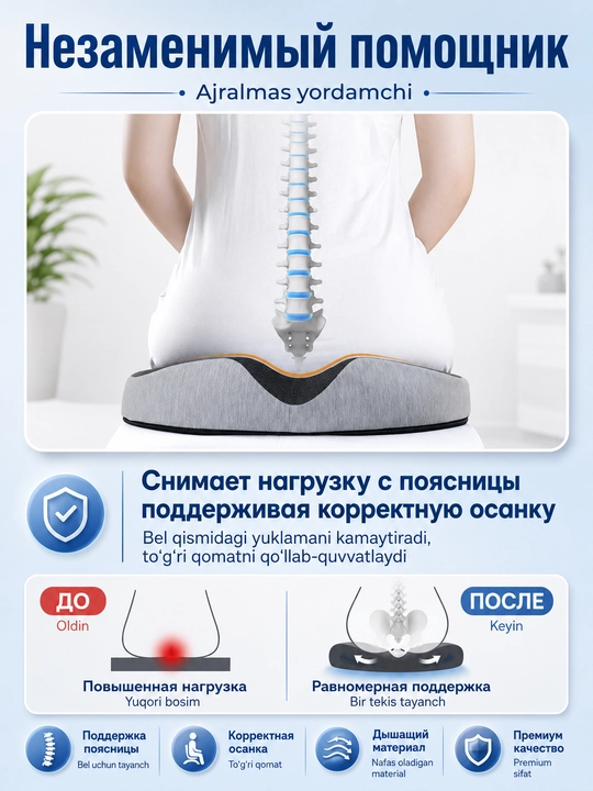 O‘tirish, mashina va stul uchun ortopedik yostiq, xotira effekti, yechiladigan g‘ilof