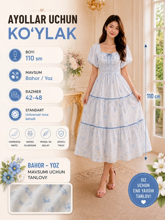 Ayollar va qizlar yozgi midi ko‘ylagi, freesize 42-48, bahor-yoz uchun