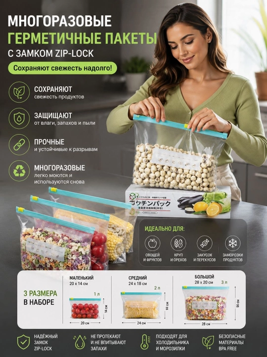 Многоразовые пакеты с замком, для хранения продуктов - 