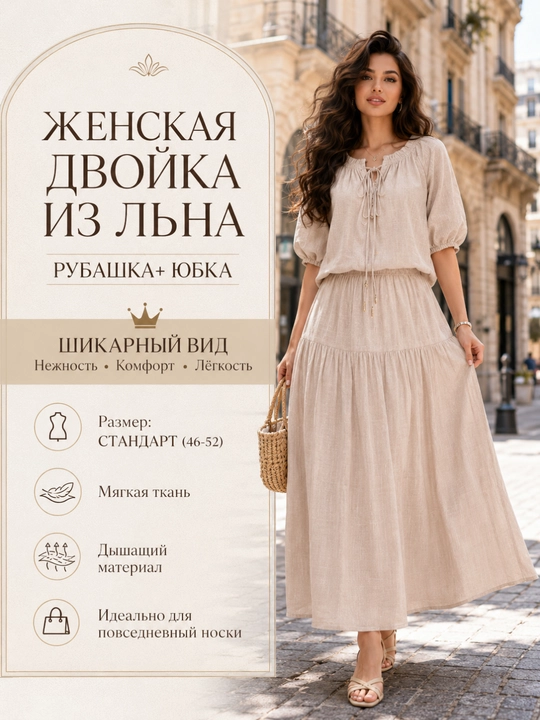 Ayollar uchun dvoyka komplekt kiyim lyon ko‘ylak + shim, ko‘ylak + yubka - yozgi, 44-50