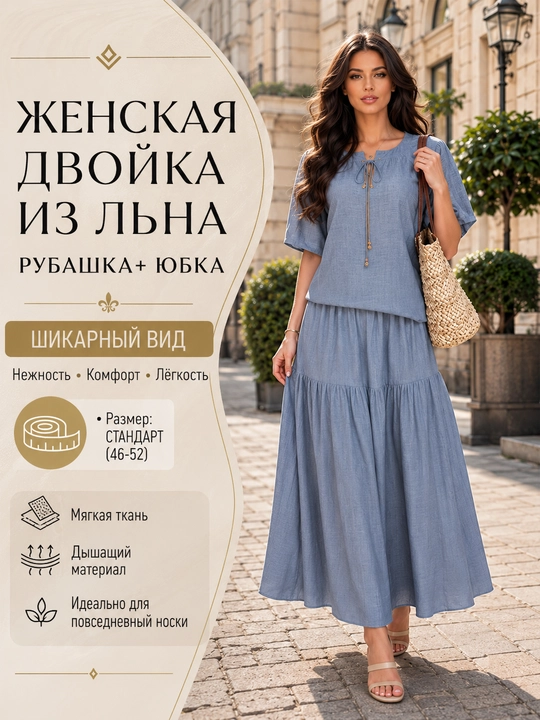 Ayollar uchun dvoyka komplekt kiyim lyon ko‘ylak + shim, ko‘ylak + yubka - yozgi, 44-50